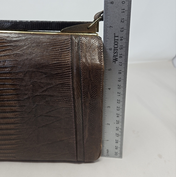 Womens Vintage Purse 1950's Dark Brown Exotic Repile Skin Arm Handbag Gold Tone - Picture 14 of 15
